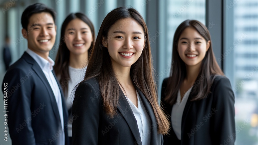 Four smiling Asian businesspeople in modern office. Four smiling Asian businesspeople in modern office.