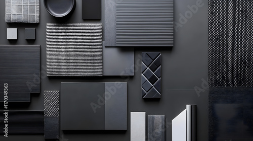 Elegant flat lay composition in grey and black color palette with textile and paint samples, lamella panels and tiles. Architect and interior designer moodboard. Top view. Copy space.