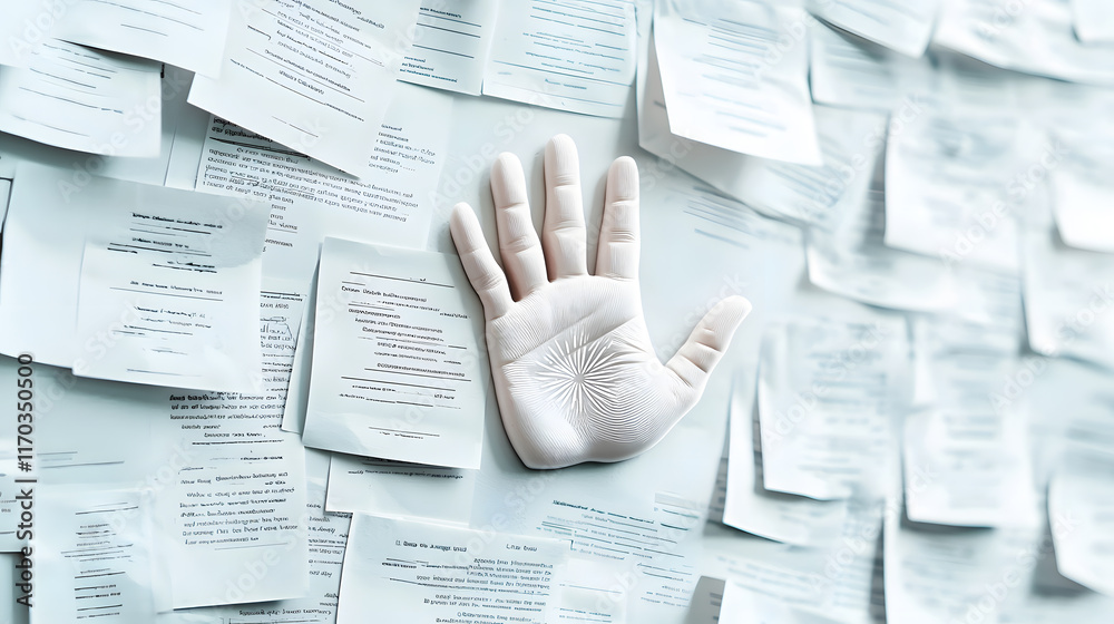 Obraz premium money management financial freedom concept. White handprint against a wall covered in notes and papers.