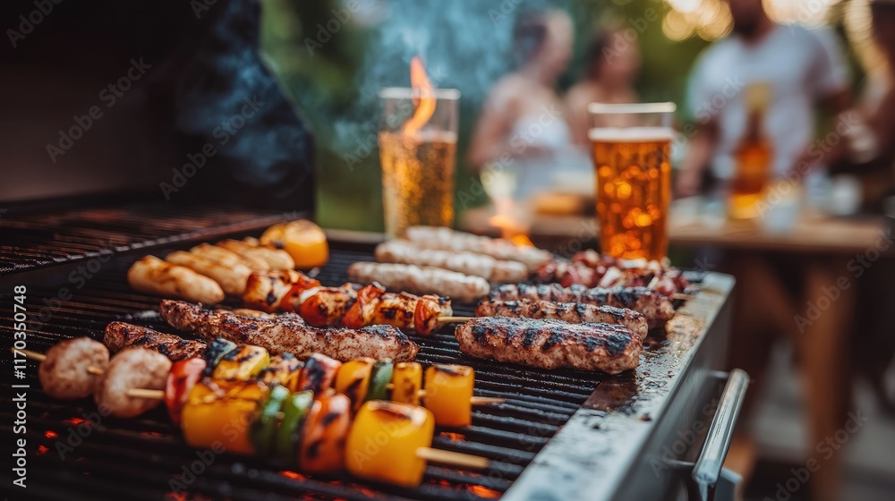 Delicious barbecue grilling with friends in the background, enjoying summer evening vibes with food, drinks, and good company. Delicious barbecue grilling with friends in the background, enjoying summer evening vibes with food, drinks, and good company.