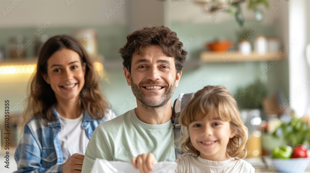 Obraz premium A cheerful family poses together in a bright kitchen, showcasing joy and togetherness while holding a shopping bag.