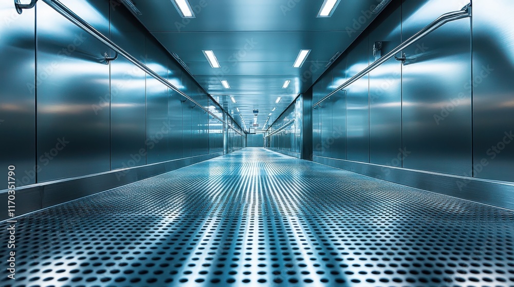 A large, empty, and shiny hallway with a blue color A large, empty, and shiny hallway with a blue color