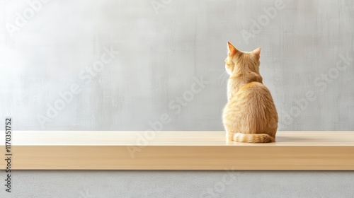 A cat is sitting on a wooden table