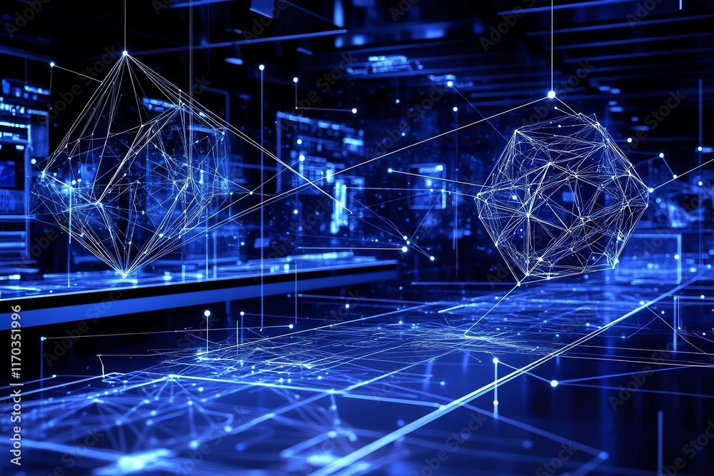 Obraz premium Digital Network: Glowing Geometric Forms in a Futuristic Blue Landscape