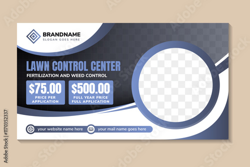 lawn care and gardening, lawn control center design template, Or lawn mower vector on horizontal layout. place for photo collage. purple and black color on element isolated on white background.