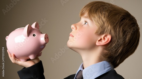 Child holding piggy bank home portrait indoor close-up saving money concept