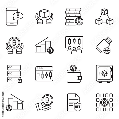 Cryptocurrency set of web icons in line style. Crypto technology and Blockchain icons for web and mobile app. Crypto currency, bitcoin, NFT, technology, decentralized finance, encryption, token