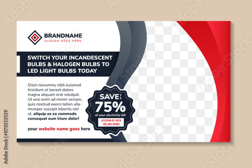 LED light bulb flyer on horizontal layout, Simple And Smart. treatment brochure banner design template. red and blue gradient color. white background with shape for photo space