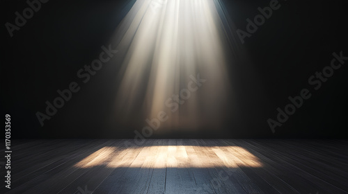 Explore an empty room illuminated by a celestial light filtering through ceiling  with a sleek black wall providing an ideal backdrop for showcasing logo mockups or product presentations 