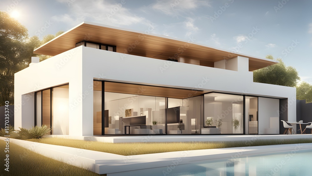 Fototapeta premium Modern minimalist house with large glass windows and a sleek design, surrounded by greenery.