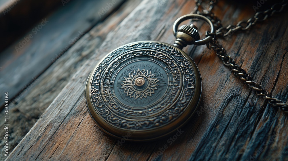 Fototapeta premium Antique Pocket Watch on Rustic Wood: A Glimpse into Time