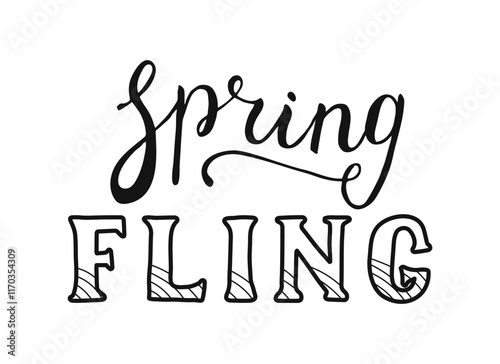 Spring fling hand drawn lettering. Handwritten calligraphy words illustration on white background