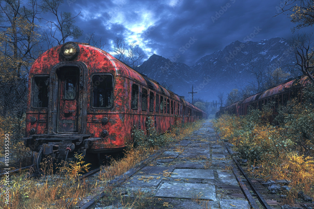 Obraz premium Abandoned red train in overgrown, mountainous landscape under stormy sky.