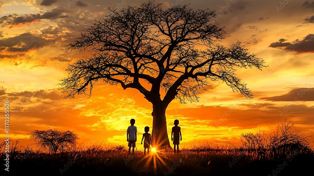 Fototapeta premium Silhouetted children stand beneath a large tree at sunset.