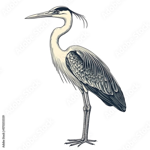 Elegant heron drawing on white background, side view, detailed feathers.