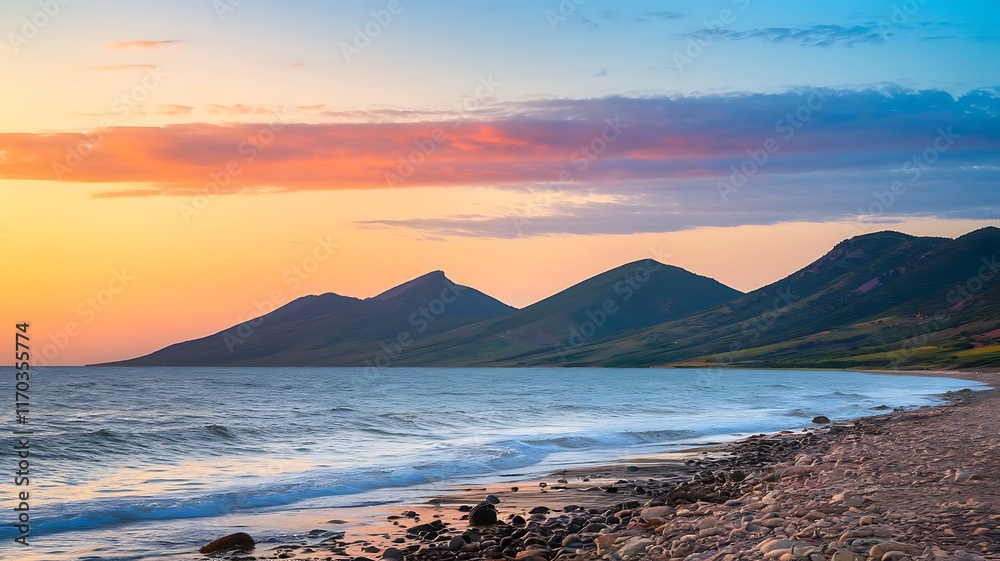 An aerial beautiful shot of a seashore with hills on the background at sunset - AI Generative An aerial beautiful shot of a seashore with hills on the background at sunset - AI Generative
