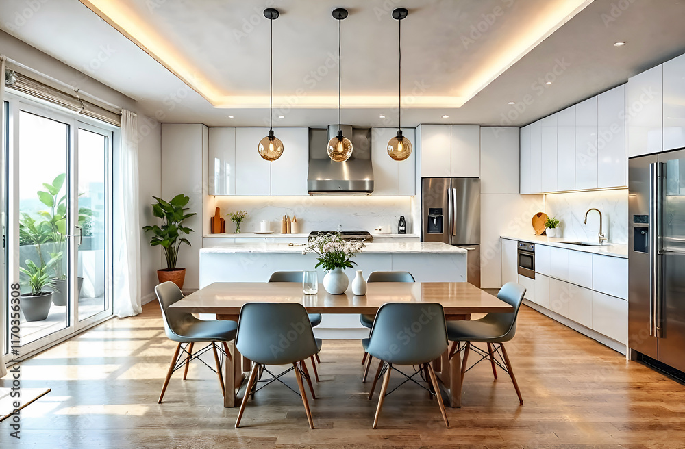 Fototapeta premium Interior design of the kitchen a hi-tech-style, dining table and chairs