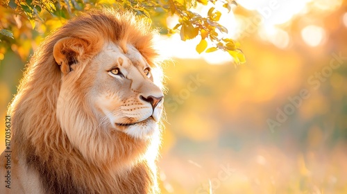 Majestic male lion basking in golden sunlight under a tree. photo