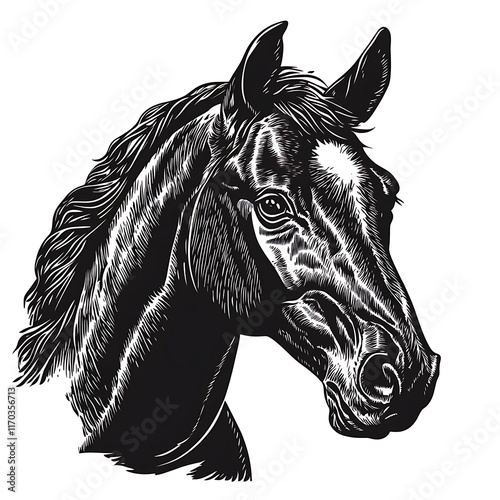 A detailed illustration of a horse's head in black and white. photo