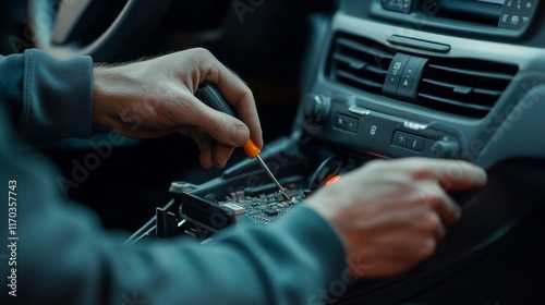 Technician expertly repairs car infotainment system, soldering circuit board with precision tools. photo