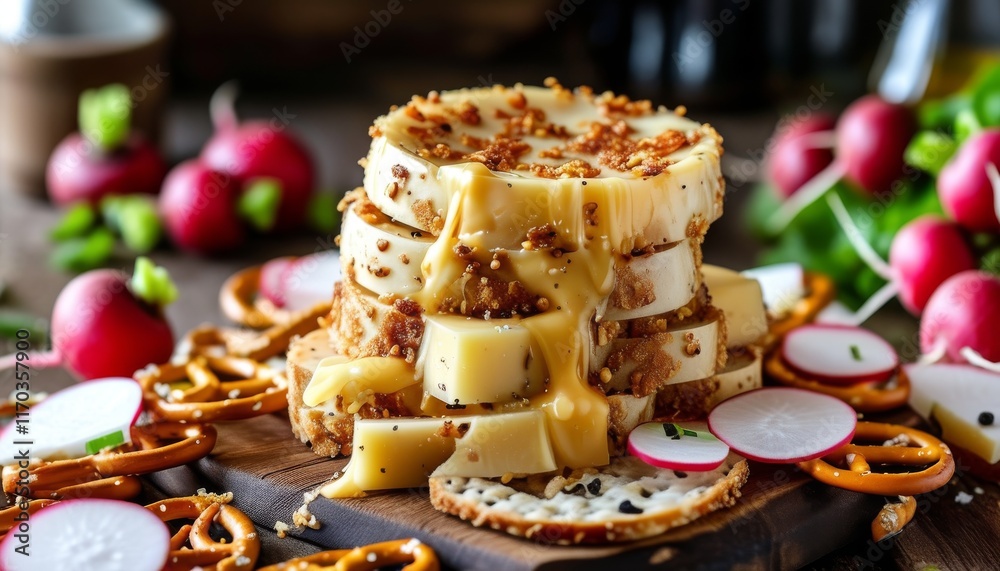 Delicious Obatzda Cheese Spread Mounded on Rustic Wooden Board with Fresh Vegetables Delicious Obatzda Cheese Spread Mounded on Rustic Wooden Board with Fresh Vegetables