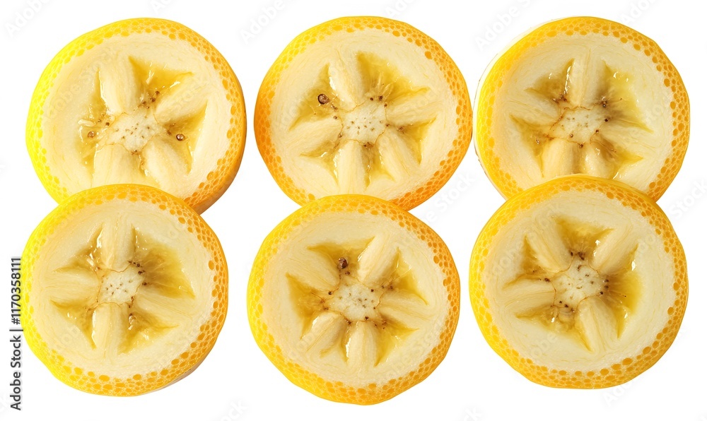 Six Slices Of Banana Displayed In A Pattern Six Slices Of Banana Displayed In A Pattern