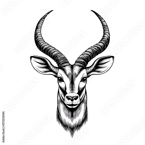 A detailed illustration of an antelope head with prominent horns.