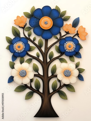 Quilled floral art featuring a tree with blue, orange, and white flowers, intricate leaf details, and a natural color palette, showcasing a vibrant and creative decorative design.
