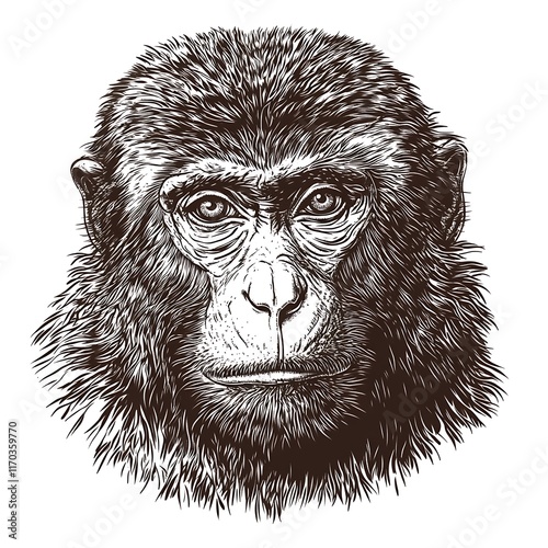 Detailed engraving of monkey head facing front with serious expression. photo