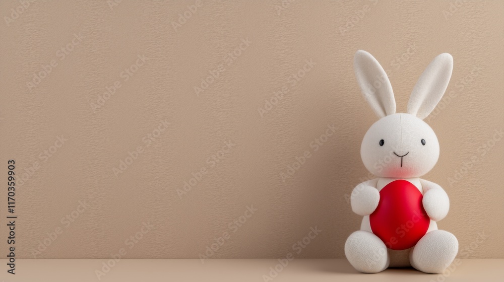 Obraz premium Cute plush bunny holding red heart against minimalist beige background