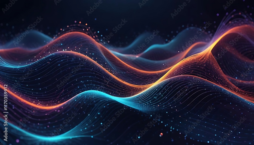 Fototapeta premium A wave of blue and orange with many dots. Background. Abstract. Futuristic. Graphics.