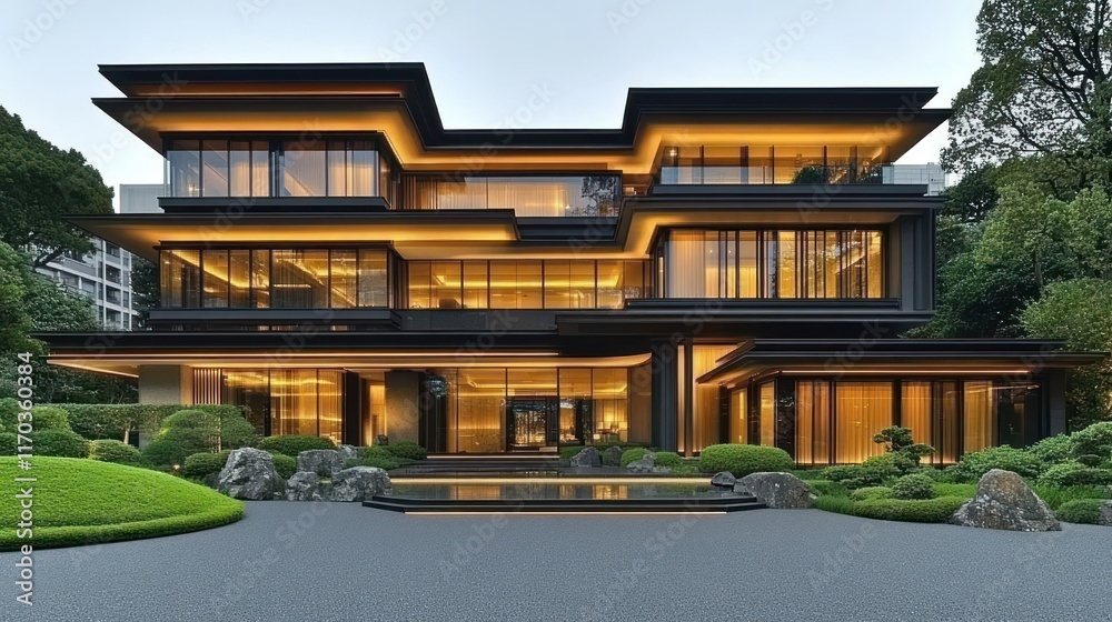 Fototapeta premium Modern architectural design with illuminated features.