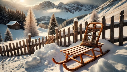 Tranquil Winter Landscape with Wooden Sled