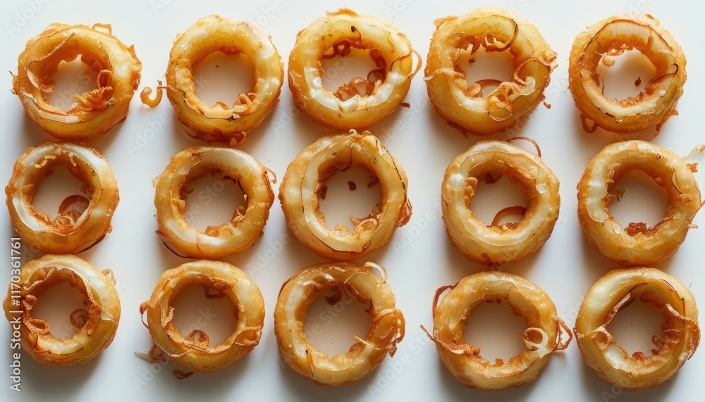 Close-up Top Down View of Delicious Onion Rings on a White Background Close-up Top Down View of Delicious Onion Rings on a White Background