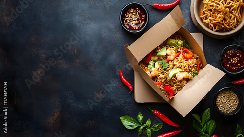 Delicious Takeout Box Filled with Asian Cuisine, Noodles, Vegetables, and Meat