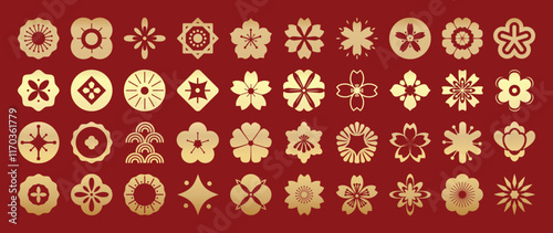 Happy Chinese and Japanese New Year 2025 Icons vector set. Cherry blossom flower, sea wave, firework, coin, flower, ornament. Oriental Icons of Asian Lunar New Year holiday decoration vector. photo