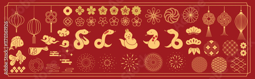 Happy Chinese and Japanese New Year 2025 Icons vector set. Koi carp fish, snake, flower, pattern, cloud, lantern, firework, coin. Oriental Icons of Asian Lunar New Year holiday decoration vector.