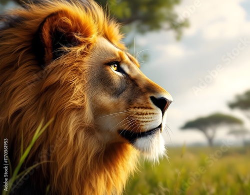 Majestic Lion Profile: Golden Hour Serenity in the Savannah photo