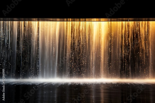 A cascading waterfall of light particles in a gradient of gold and silver against a jet-black background. 