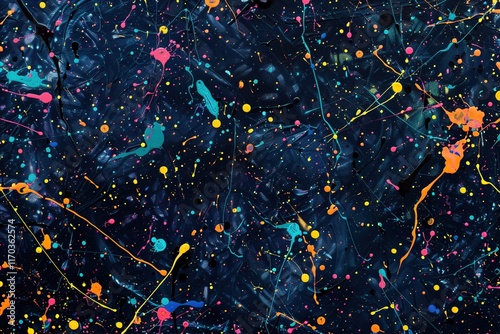 A chaotic yet harmonious display of splattered paint-like patterns with glowing accents on a smooth, dark canvas. 