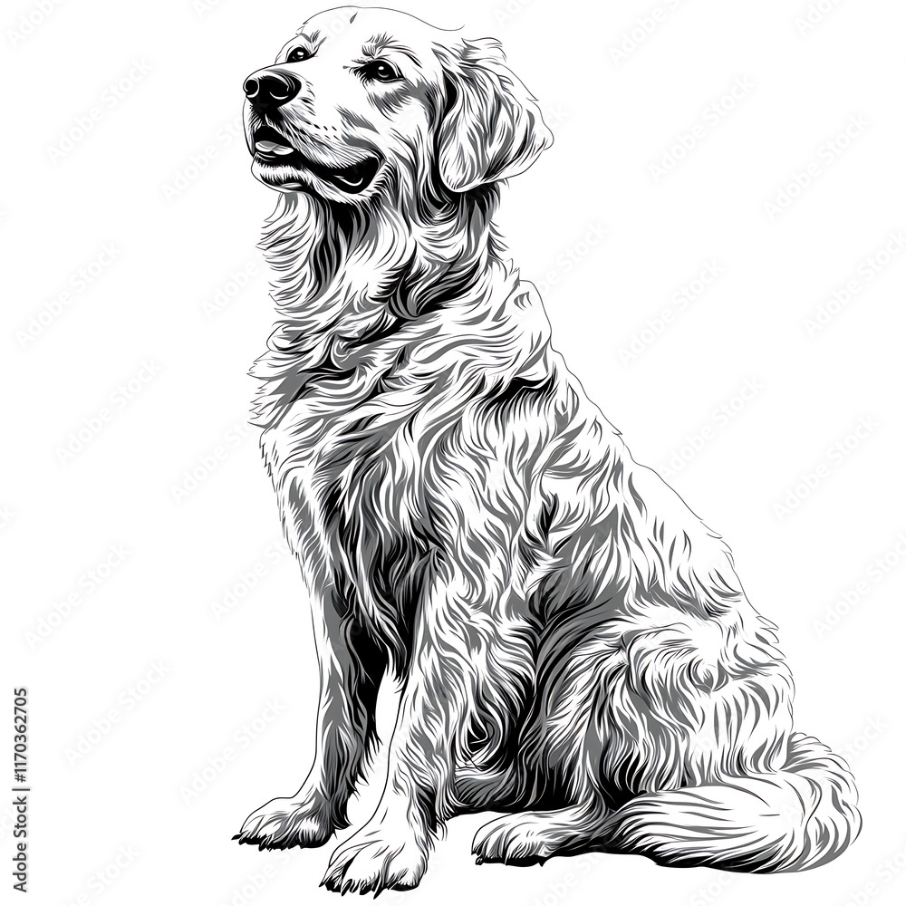 Realistic monochrome golden retriever illustration sits facing left. Realistic monochrome golden retriever illustration sits facing left.