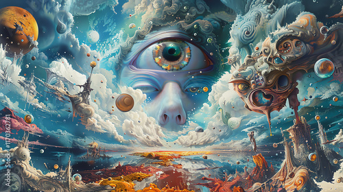 Bring your Fantasy World to life with a low-angle view depicting a surreal dreamscape using vivid colors and intricate details, merging it with psychological themes like the subconscious mind photo