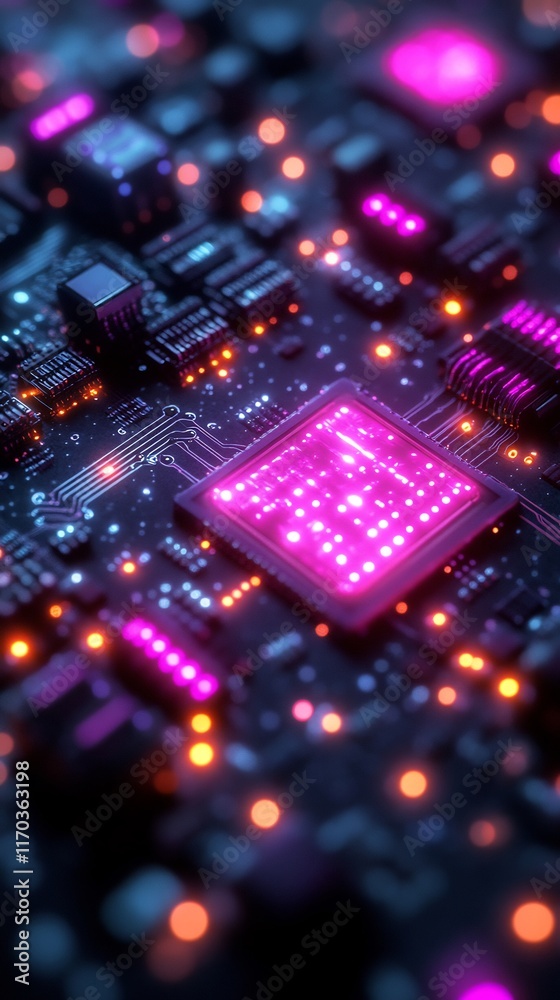 Fototapeta premium Close-Up 3D Render: Vibrantly Lit Circuit Board Glowing with Futuristic Detail. AI Generated