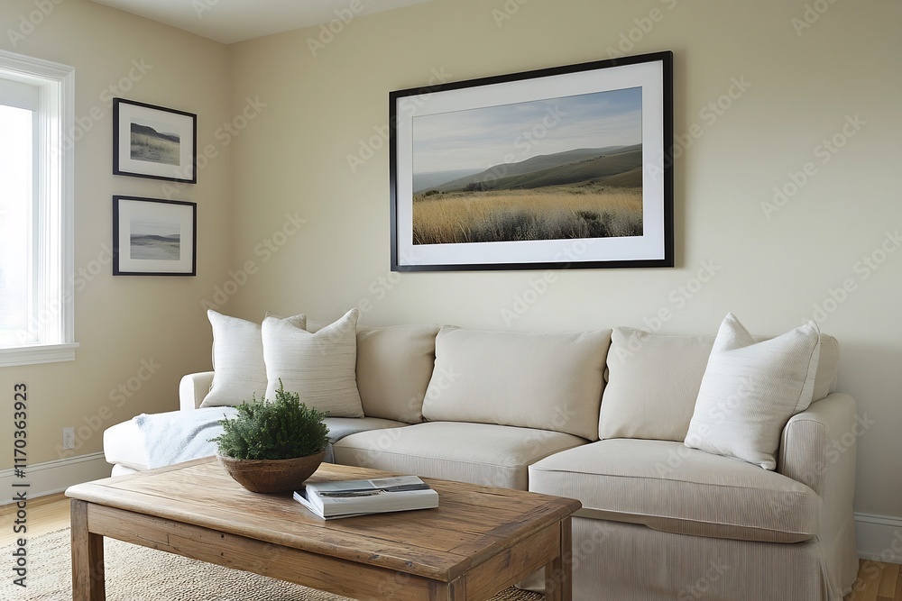 Fototapeta premium Serene and Cozy Living Room with Natural Textures and Framed Landscape Art