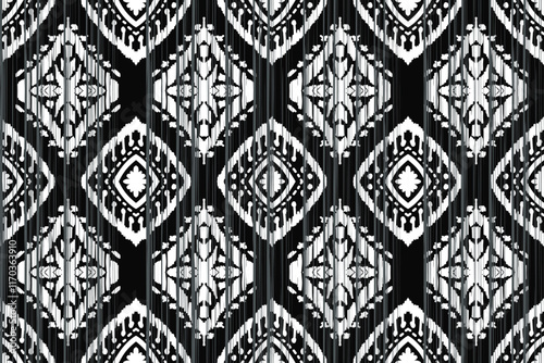 abstract tribal feather seamless pattern, Seamless black blue and white color, Ikat Ogee Background Pattern, Seamless Ikat Chevron Background Pattern.