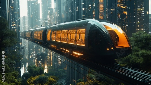 Futuristic high-speed train traveling above a city.