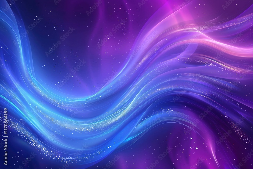 Fototapeta premium A dynamic abstract background featuring vibrant swirling waves of neon blue and electric purple, interspersed with subtle gold specks, creating the illusion of flowing energy in a cosmic setting.
