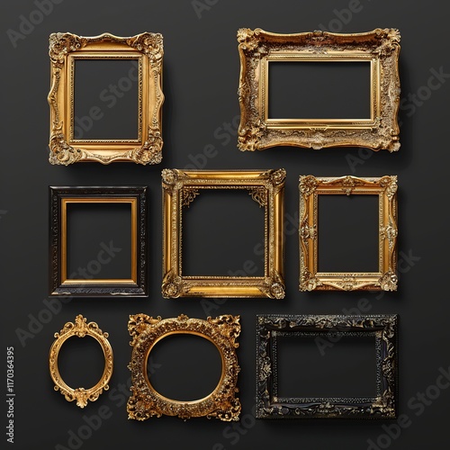 Collection of ornate gold and black picture frames on dark background.