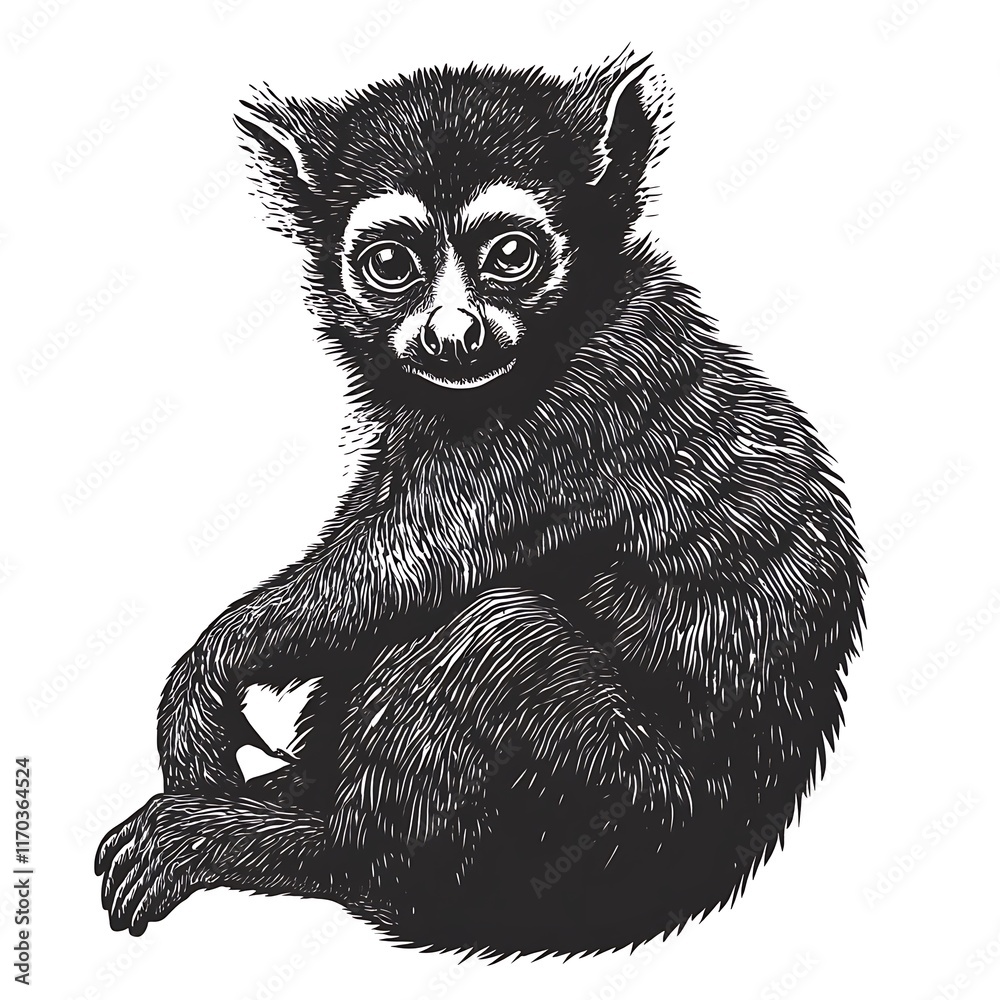 Fototapeta premium Black lemur drawing with fine detail, white background.