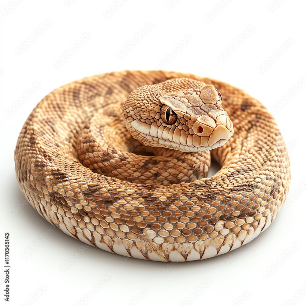 Obraz premium A coiled snake with a textured, patterned body, resting calmly on a light background, showcasing its distinctive scales and facial features.
